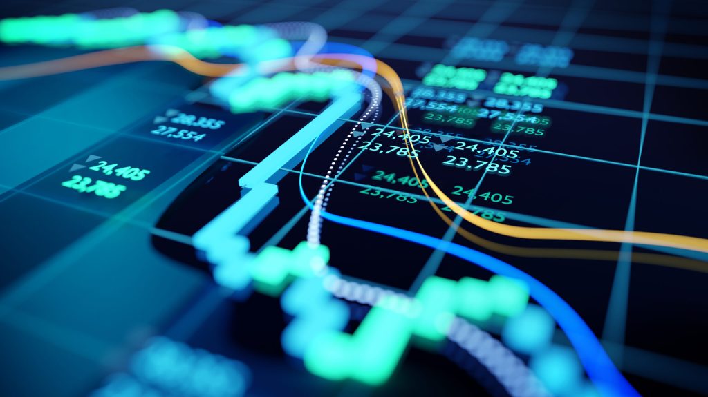 Close up shot of a digital stock market tracking graph follwing a recent crash in prices. bear market 3d illustration